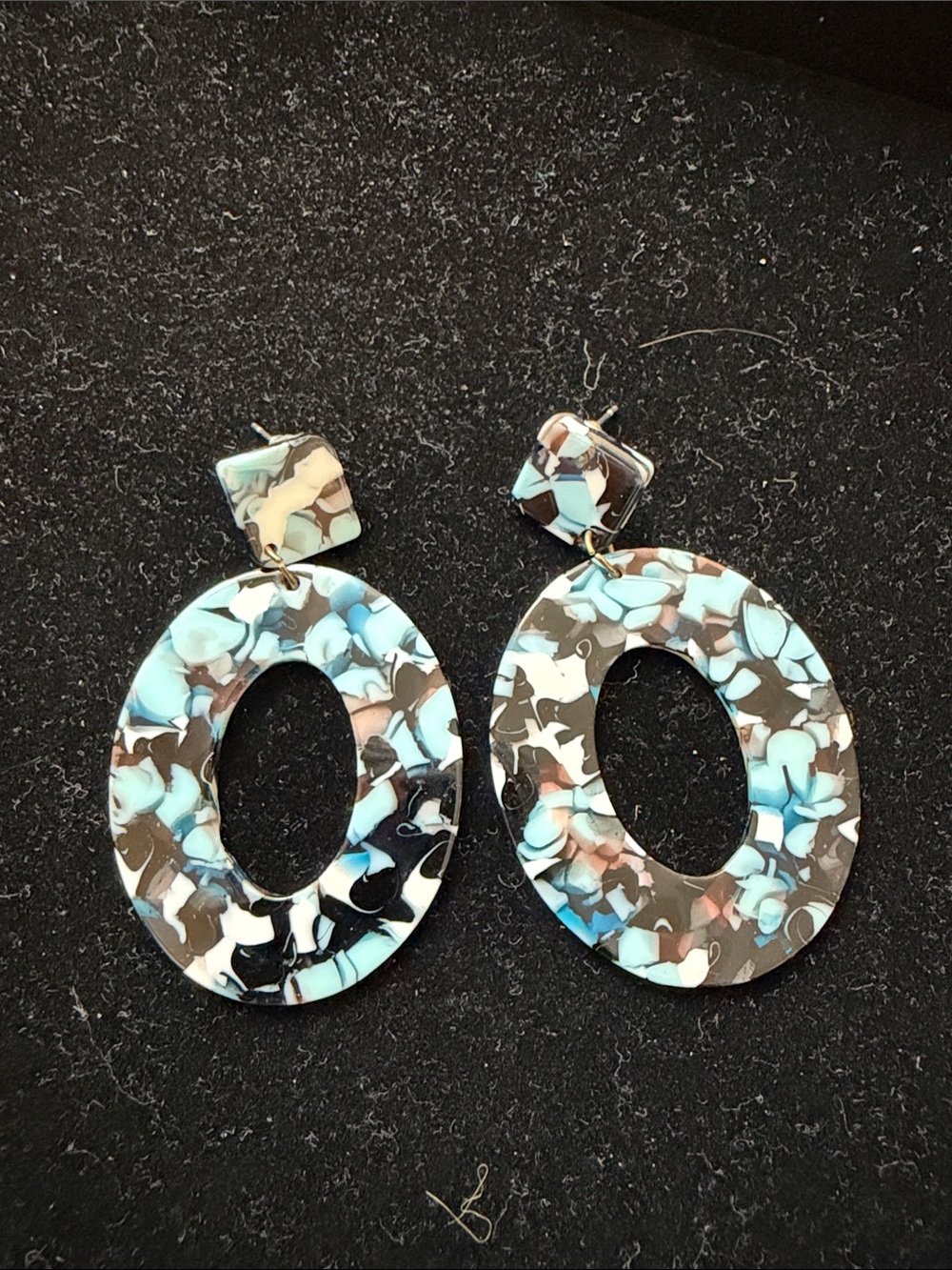 Marbled Oval Statement Earrings in Black, Turquoise & White